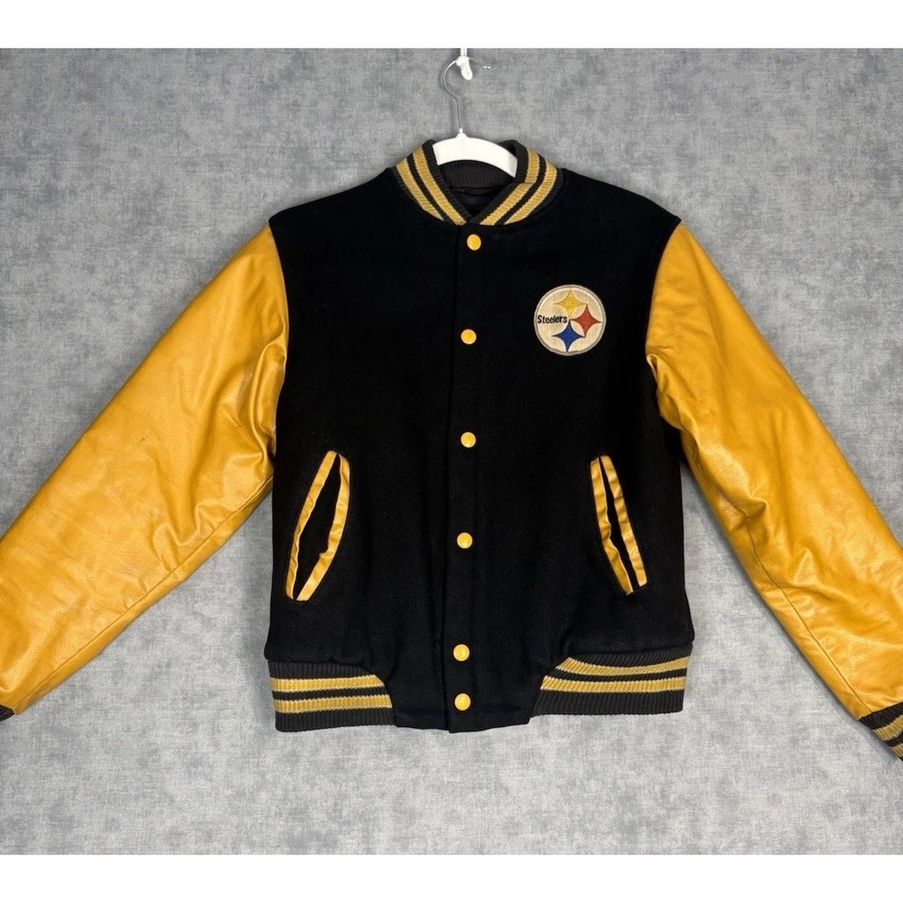 Vintage Sears Pittsburgh Steelers Jacket Boys 16 Leather Sleeves NFL 70s 80s